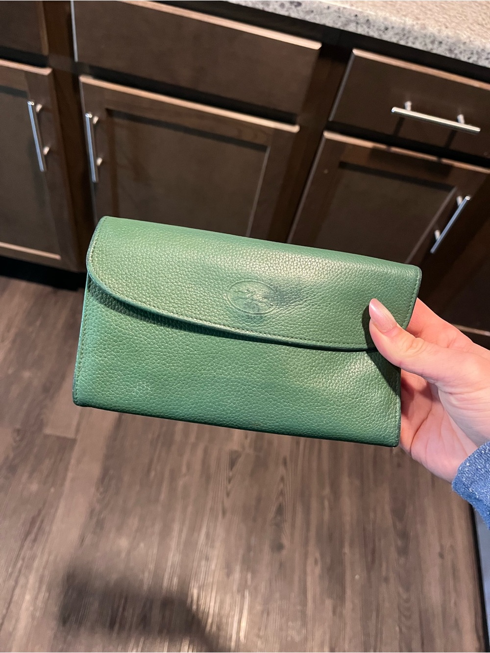 Longchamp Green Pebbled Leather Envelope Clutch